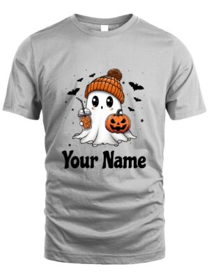 Custom T-Shirt – Cute Halloween Ghost with Pumpkin and Iced Coffee