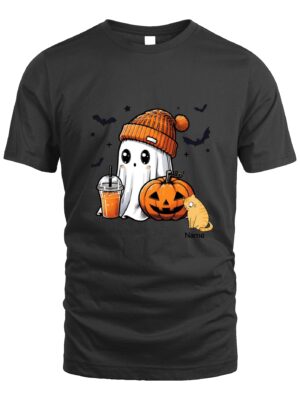 Custom T-Shirt – Cute Halloween Ghost with Pumpkin & Cat